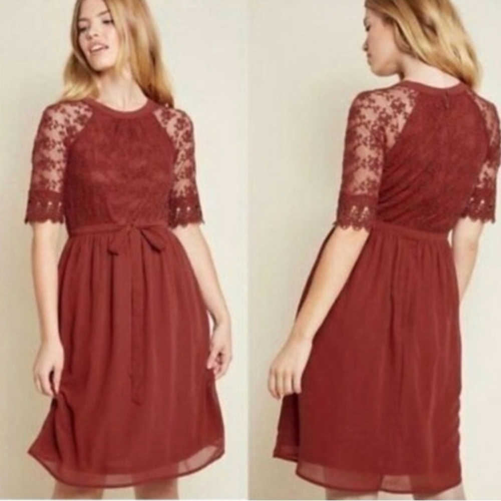 ModCloth women’s burgundy lace mini/midi knee length, A-line dress, size medium